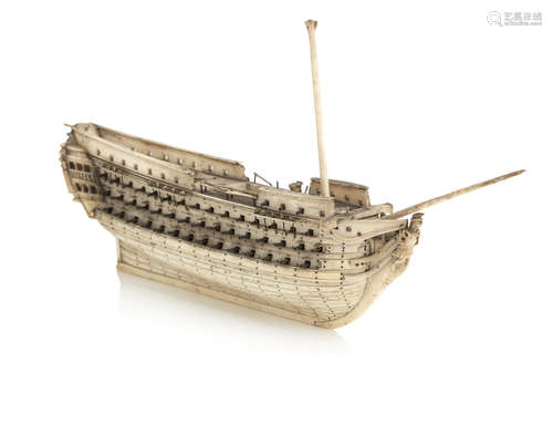 An early 19th Century Napoleonic French Prisoner-of-War bone model ship's hull, circa 1815