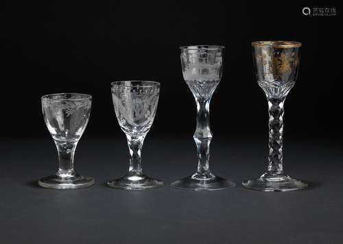 Circa 1770 Three facet-stem wine glasses and a firing glass