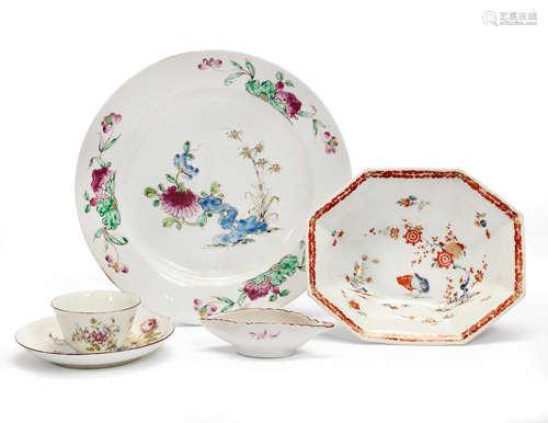 Circa 1755 A Bow dish, a Bow plate, a Bow pap boat and a Chelsea teabowl and saucer