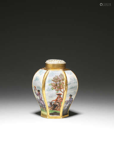 A rare Meissen hexagonal tea canister and cover, circa 1723