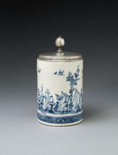 A very rare Meissen underglaze-blue-decorated large pewter-mounted cylindrical tankard, circa 1720-23