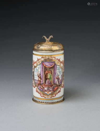 A very rare Meissen silver-gilt-mounted tankard, circa 1723-24