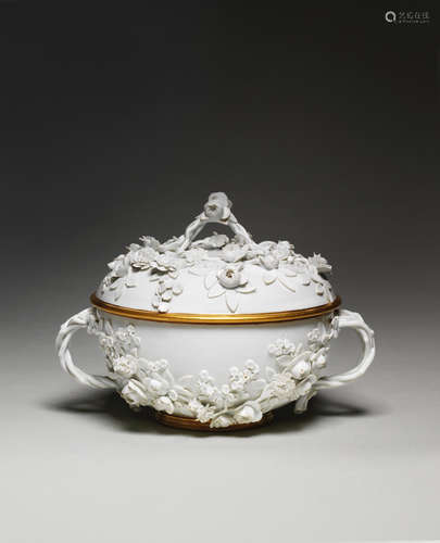 A very rare and large Royal Meissen flower-encrusted circular tureen and cover, circa 1735