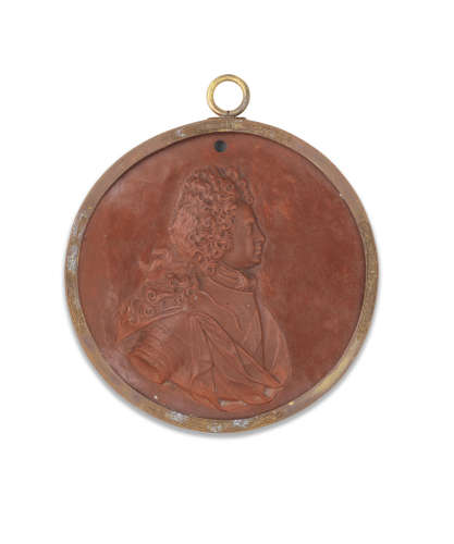 A very rare Meissen Böttger stoneware circular portrait medallion of Electoral Crown Prince Friedrich August of Saxony, circa 1711-15