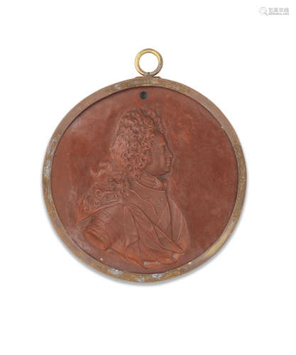 A very rare Meissen Böttger stoneware circular portrait medallion of Electoral Crown Prince Friedrich August of Saxony, circa 1711-15