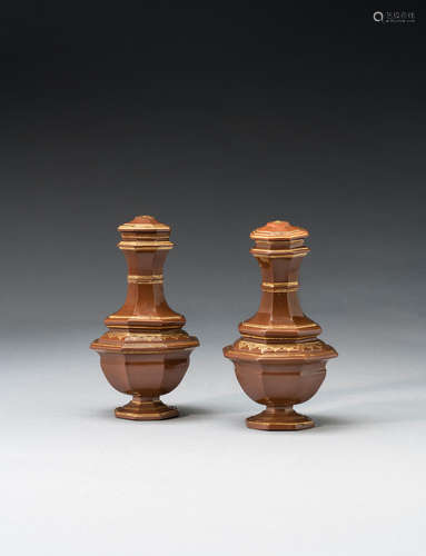 A rare pair of Meissen Böttger stoneware octagonal vases and covers, circa 1710-13