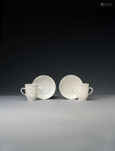 Two early Meissen double-handled beakers and saucers, circa 1715