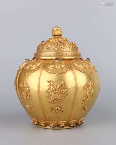 Pure Gold Covered Tea Container With Jewel Inlay