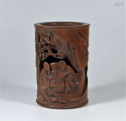 A Carved Boxwood 'Figural' Brush Pot