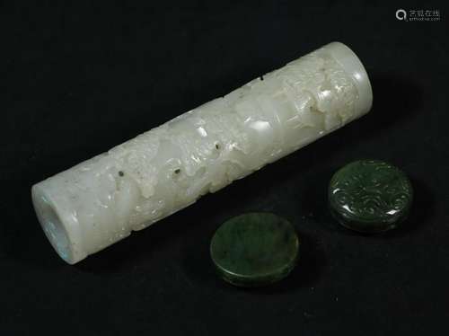 Finely Carved Hetian And Spinach Jade Incense Holder