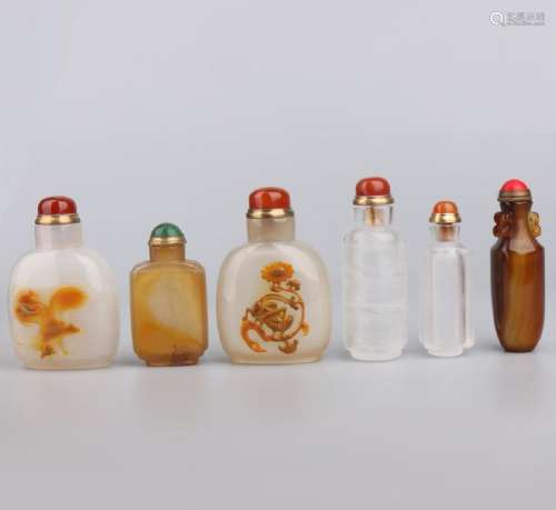 Set of Six Carved Agate Snuff Bottles