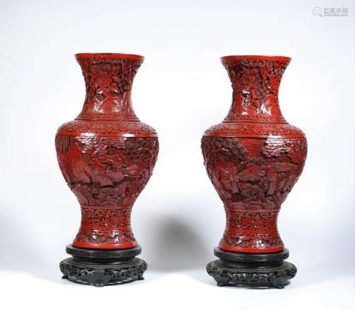 A Pair Of Carved Cinnabar 'Figural' Vase