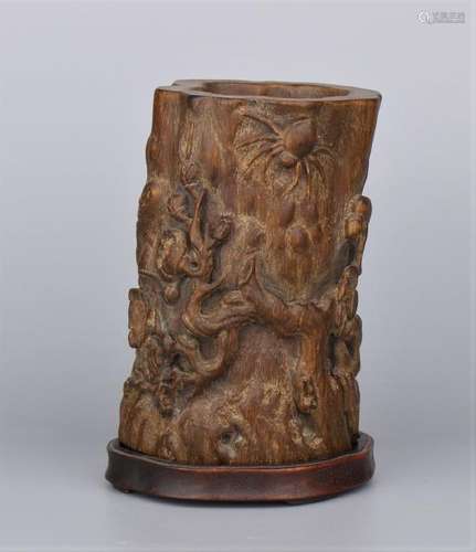 Carved Agar Wood Brush Pot