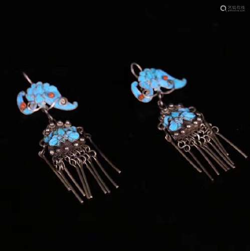 Pair Of Kingfisher Feather Gem-Embellished Earrings