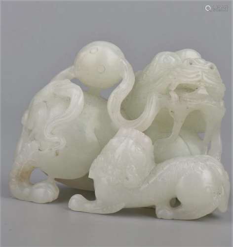 Chinese Carved White Jade Lion And Young