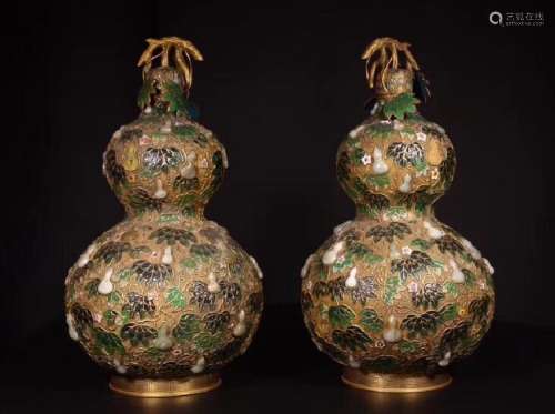 Pair Of Gilt Bronze Double Gourd Vases W/ Enamel & Jade