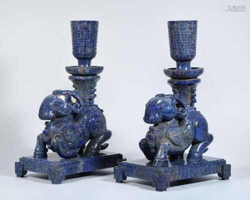 A Pair of Carved Lapis Lazuli Candle Holders