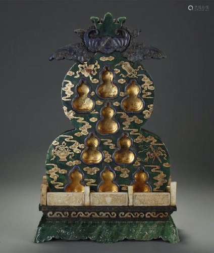 Spinach Jade Double Gourd Buddhist Shrine With Lapis