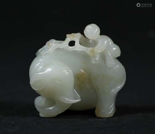 Carved Hetian Jade Elephant And Boy