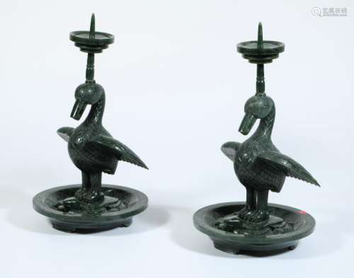 A Pair of Carved Spinach Jade Candlestick