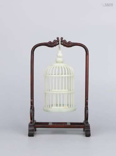 Carved White Jade Hanging Bird Cage