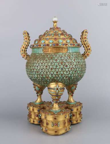 Imperial  Gilt Silver Covered Tripod Censer With Mark