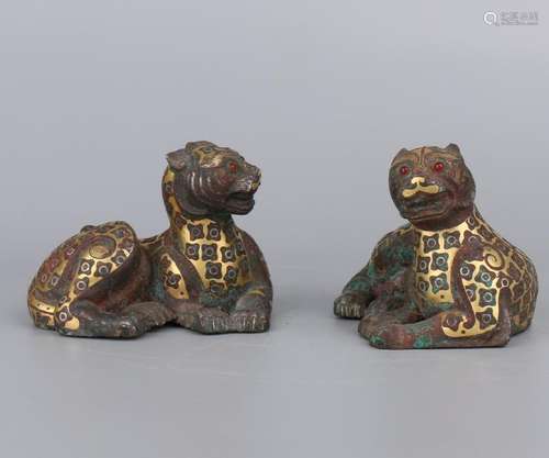 Pair Of Bronze Lions With Gold Silver And Stone Inlay