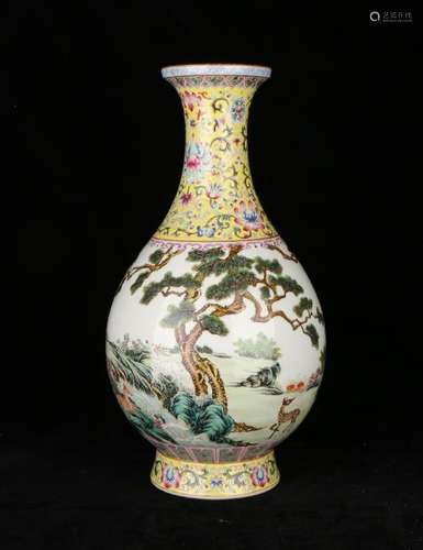 Famille Rose Porcelain Deer Vase With Mark