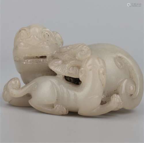 Hetian Jade Carving Of Mythical Beast and Young