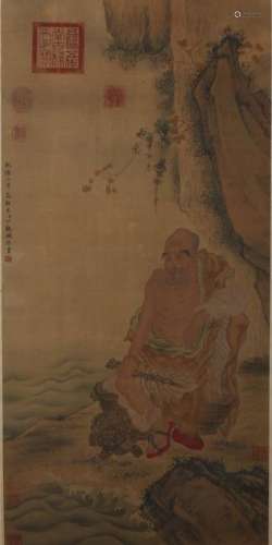 Chinese Scroll Painting Of Lohan By Ding Guanpeng