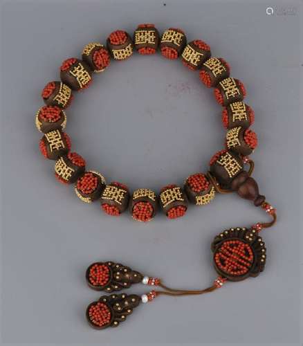 Agar Wood Prayer Bracelet With Gilt And Coral Beading