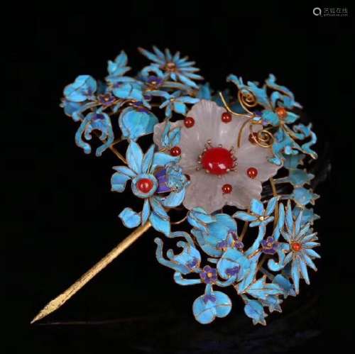 Kingfisher Feather And Gem Inlaid Hair Pin