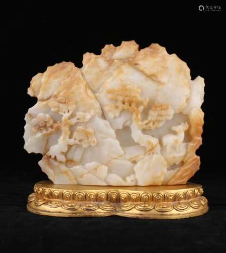 Carved Hetian Jade Mountain On Gilt Bronze Stand