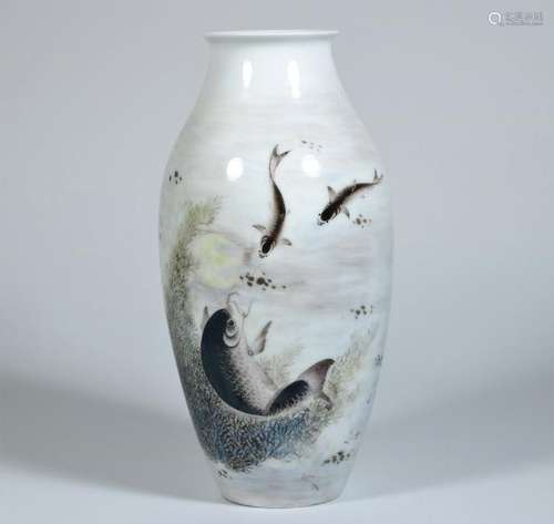 Glazed Porcelain Fish Vase With Calligraphy and Mark