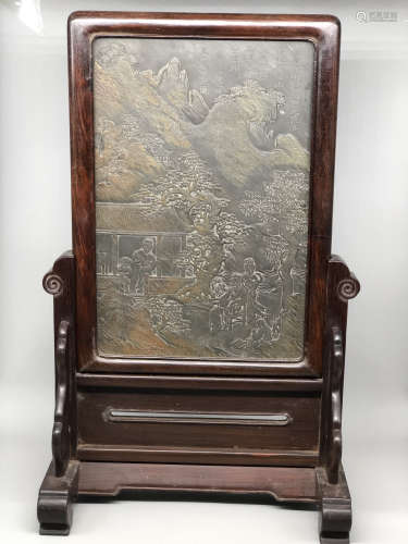A Chinese Carved Stone Table Screen with Hardwood Frame