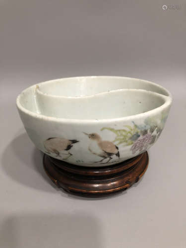A Chinese Carved Famille-Rose Porcelain Brush Washer
