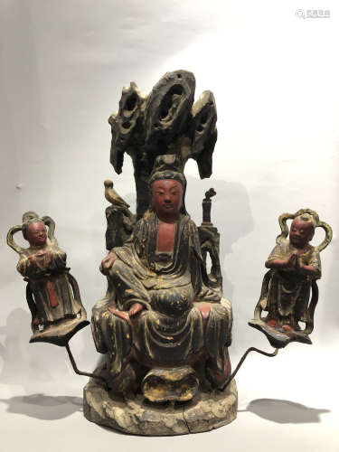 A Chinese Carved Wood Buddha and Boys