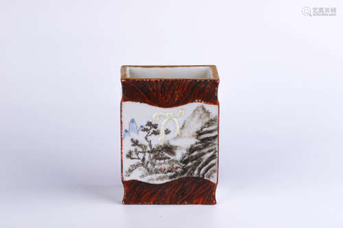A Chinese Famille-Rose Porcelain Square Brush Pot