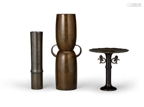 A group of three metal vases  Taisho/Showa era