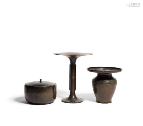 A group of three patinated bronze vessels  Taisho/Showa era