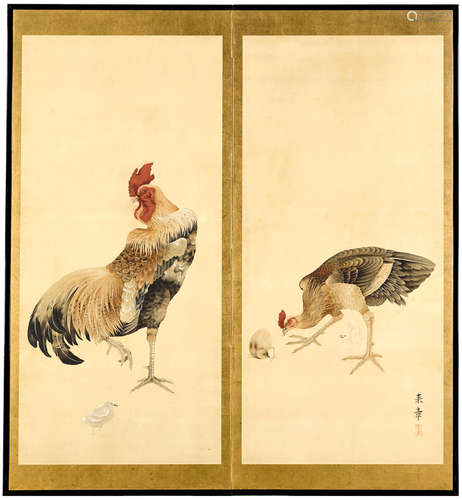 Raisho (Active circa 1920-1925)   Rooster, Hen and Chicks