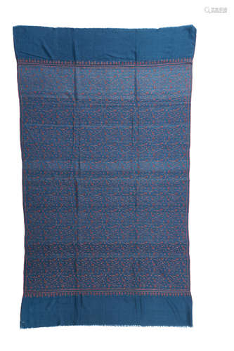 A Fine Indian embroidered blue Kashmir wool pashmina  Early 20th century