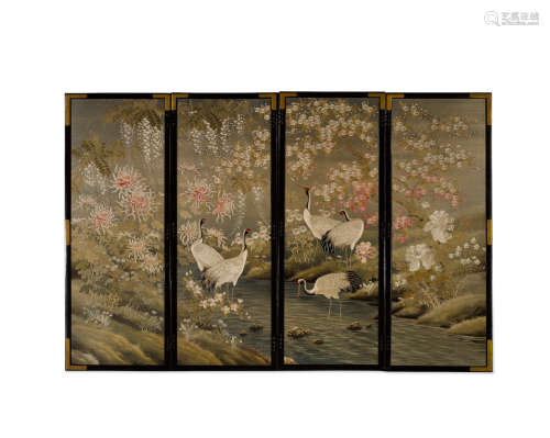 An embroidered silk four-panel folding screen  Meiji era