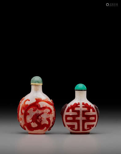 Two red overlaid 'dragon' glass snuff bottles  Late 18th/19th century