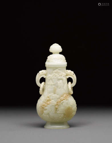 A PALE CELADON JADE VASE AND COVER   20th century