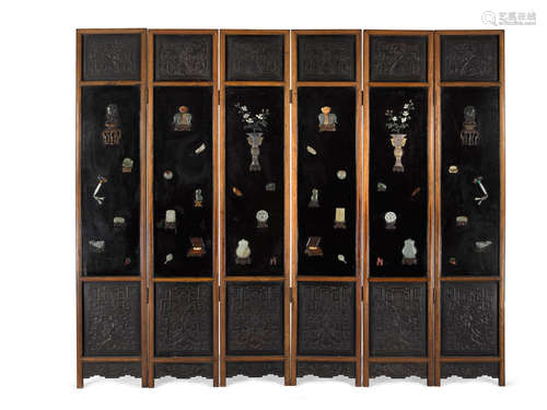 A hardstone mounted six-panel hardwood screen  20th century