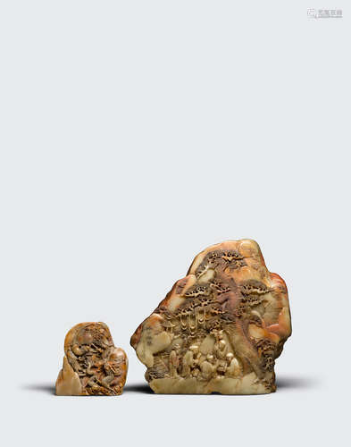 Two carved soapstone scholar's rocks with dragon decoration