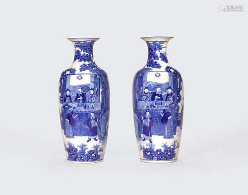 a pair of blue and white ovoid vases  Kangxi marks, late Qing/Republic period