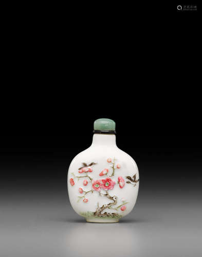 A molded and famille rose enameled porcelain snuff bottle  Imperial, Daoguang mark and of the period, 1821-1850