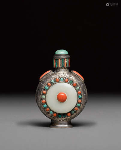 A silver and jade snuff bottle  Mongolia, 19th century